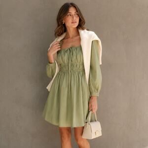 J.Crew Dress Womens 8P Green Cinched-waist Cotton Poplin Long Sleeve Mini
